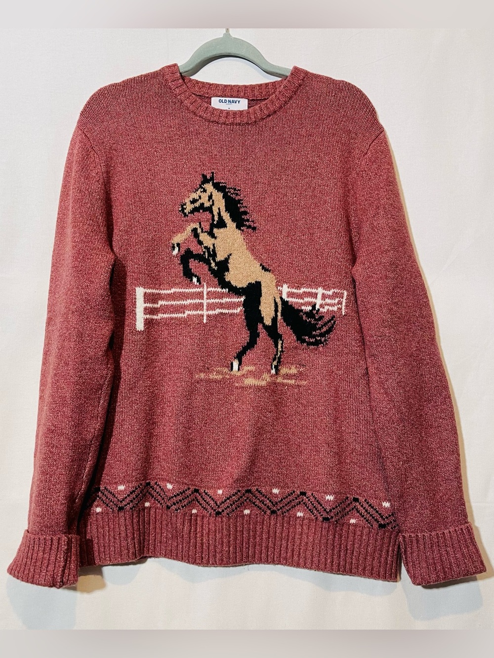 Old Navy Mauve Rose Crewneck Sweater with Horse Intarsia